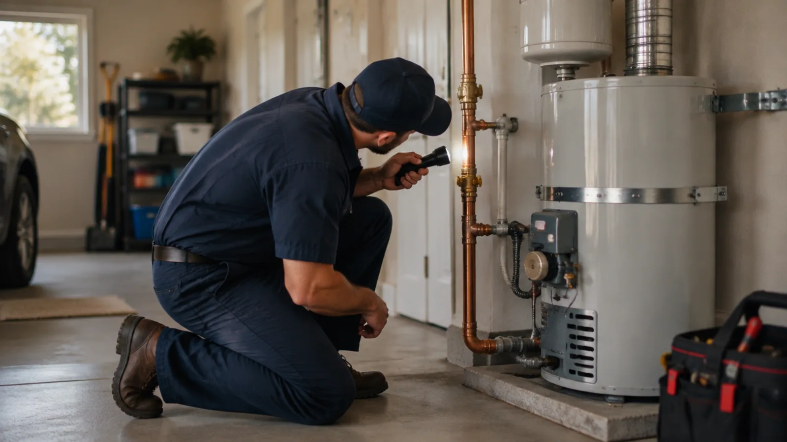 Professional plumbing technician working on residential pipework