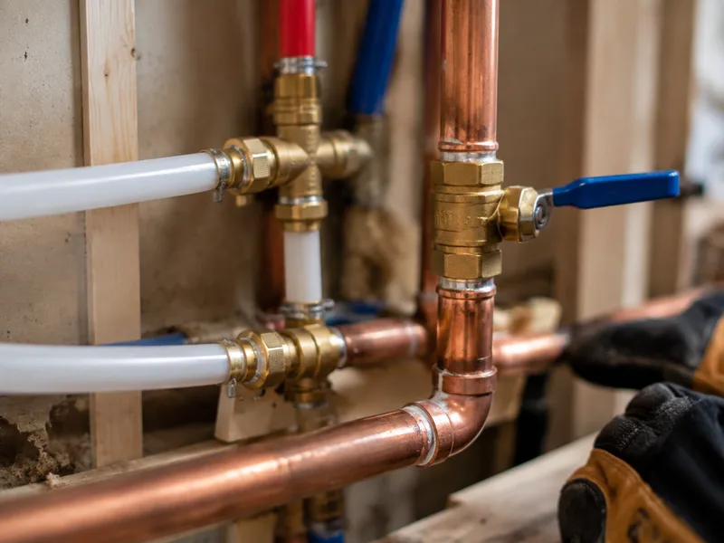 Close-up of copper and PEX pipe fittings during a plumbing repair