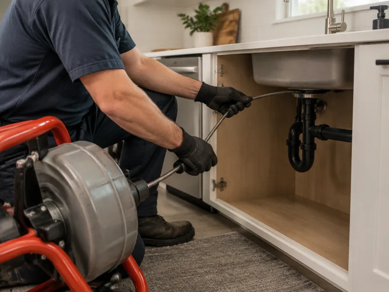 Plumber using a drain cleaning machine on a residential line