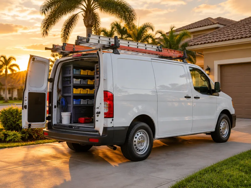 Plumbing van and tools staged at a residential job site