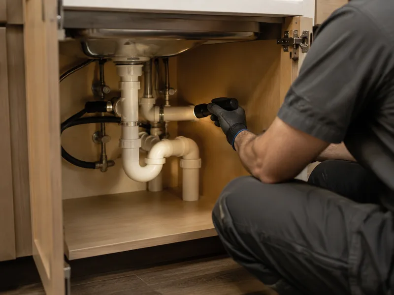 Technician inspecting pipework beneath a kitchen sink